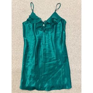 Adonna Emerald Green Satin Ruffle Chemise Nightgown Medium Tie Front Sleepwear